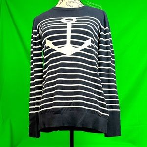 Nautica White Striped Navy Color with Anchor Motif Cotton Knit Sweater. Size M.